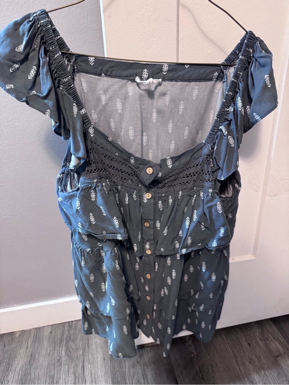 Boho Off-Shoulder Button-Front Top in Slate Blue with White Print